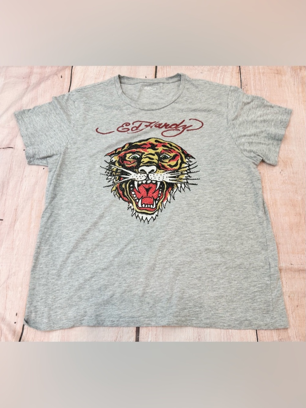 Ed Hardy Tiger Graphic Mens Size XL T-shirt Rhinestone Tattoo Art Gray Y2K
